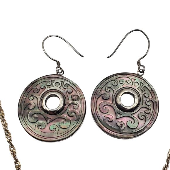 Sterling Silver Carved Shell Pendant Necklace Earrings 925 Abalone MOP Vintage - Picture 3 of 10